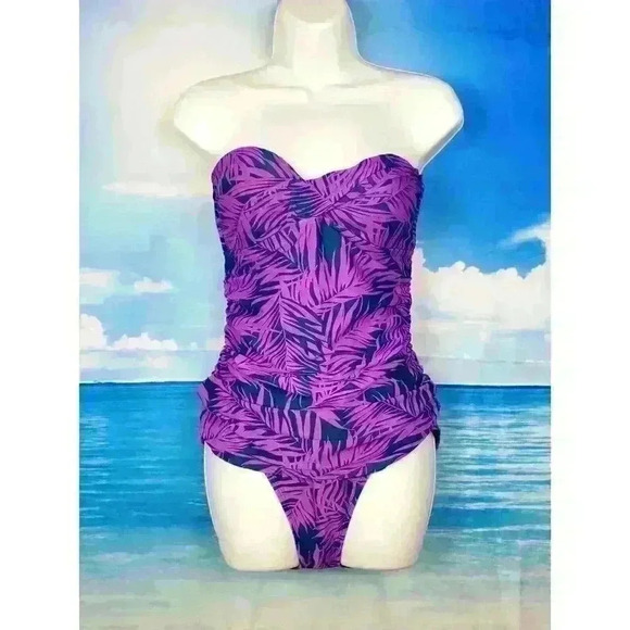 OLD NAVY Strapless PURPLE and NAVY BLUE Fern Print Swim Bathing Suit One Piece M - Picture 2 of 5